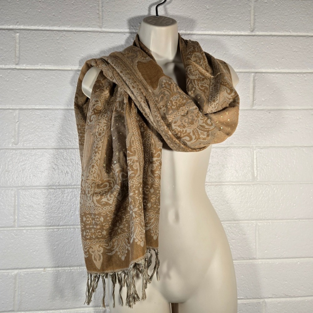 Paisley Sequin Pashmina Scarf Gold Tan‎ Wool Blend 30x70 Fringe Shawl Bohemian